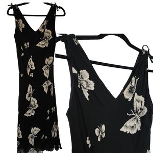 Vintage Y2K Lola P. Black Butterfly Print Slip Midi Dress Medium 90s